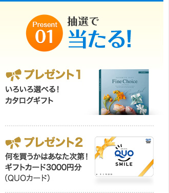 Present01　抽選で当たる！　プレゼント1いろいろ選べる！カタログギフト　      プレゼント2何を買うかはあなた次第！ギフトカード3000円分（QUOカード）